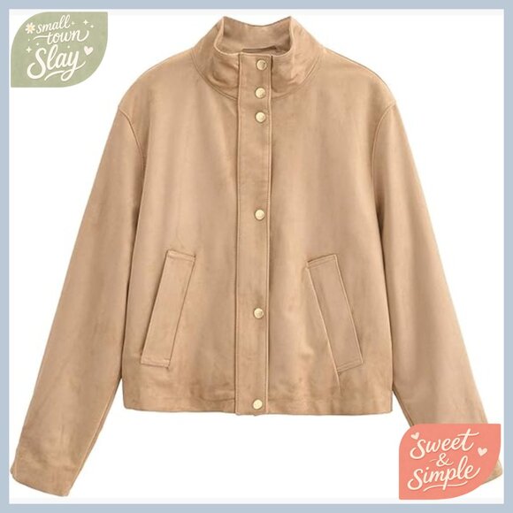 Faux Suede Utility Jacket with Pockets High Neck Button Front Relaxed Fit